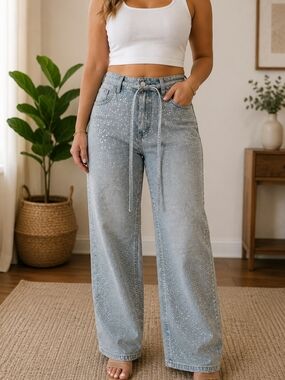 High-Rise Wide Leg Jeans with Sparkle Detail - Light Blue Size 29/30 No Stretch